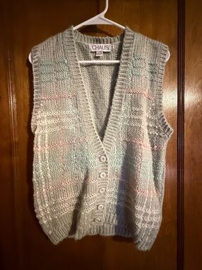 CHAUS Grey V-Neck Button-Front Knit Vest with Pastel Stripes